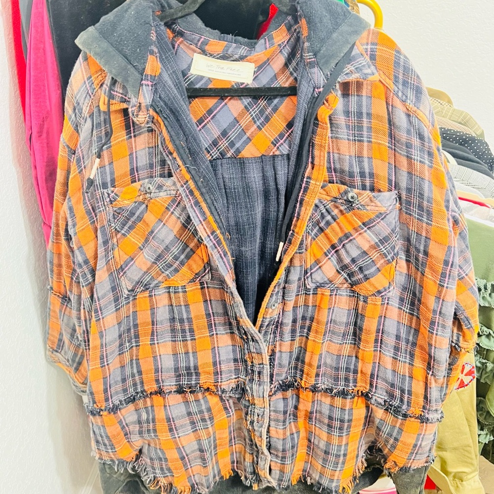 We The Free Orange and Blue Plaid shacket hoodie